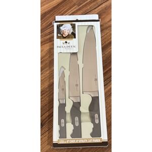 New Paula Deen 3 Pc.  Knife Set 8" Chef 6" Utility 3.5" Parer Black Handles